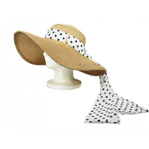 Wide Brim Hat w/ Polka Dot Chiffon Ribbon - White - HT-SHT2412WT